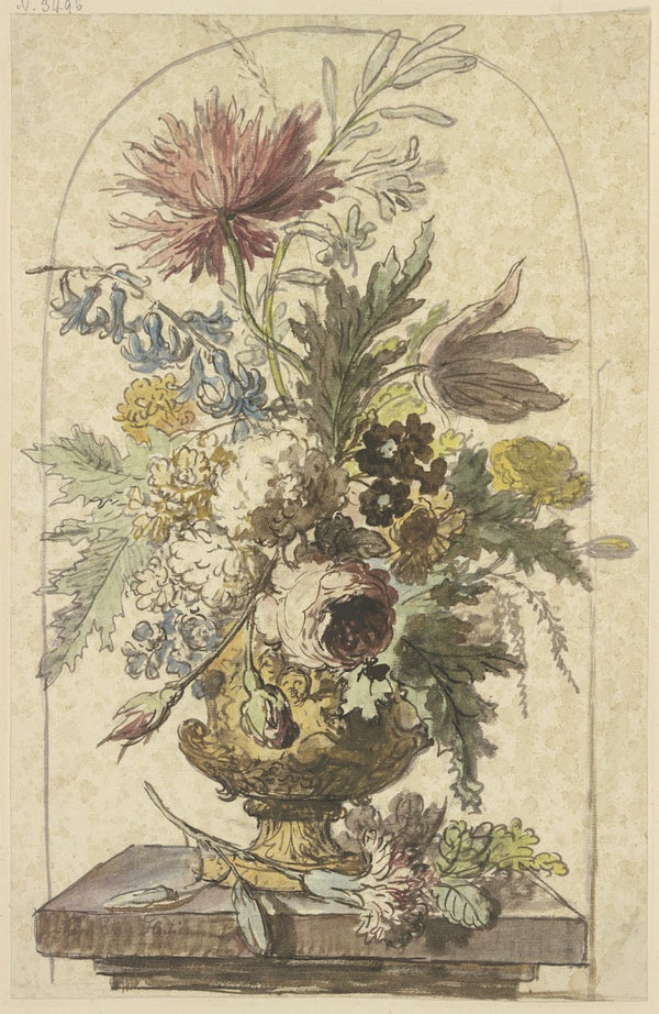 Blumenbouquet in einer Vase vorne liegt eine Nelke