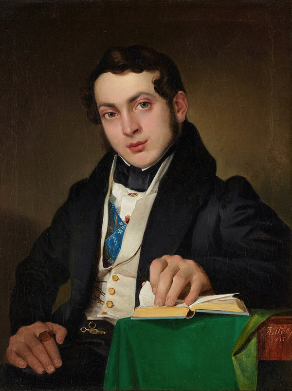 Sitzender junger Mann in schwarzem Rock 1835