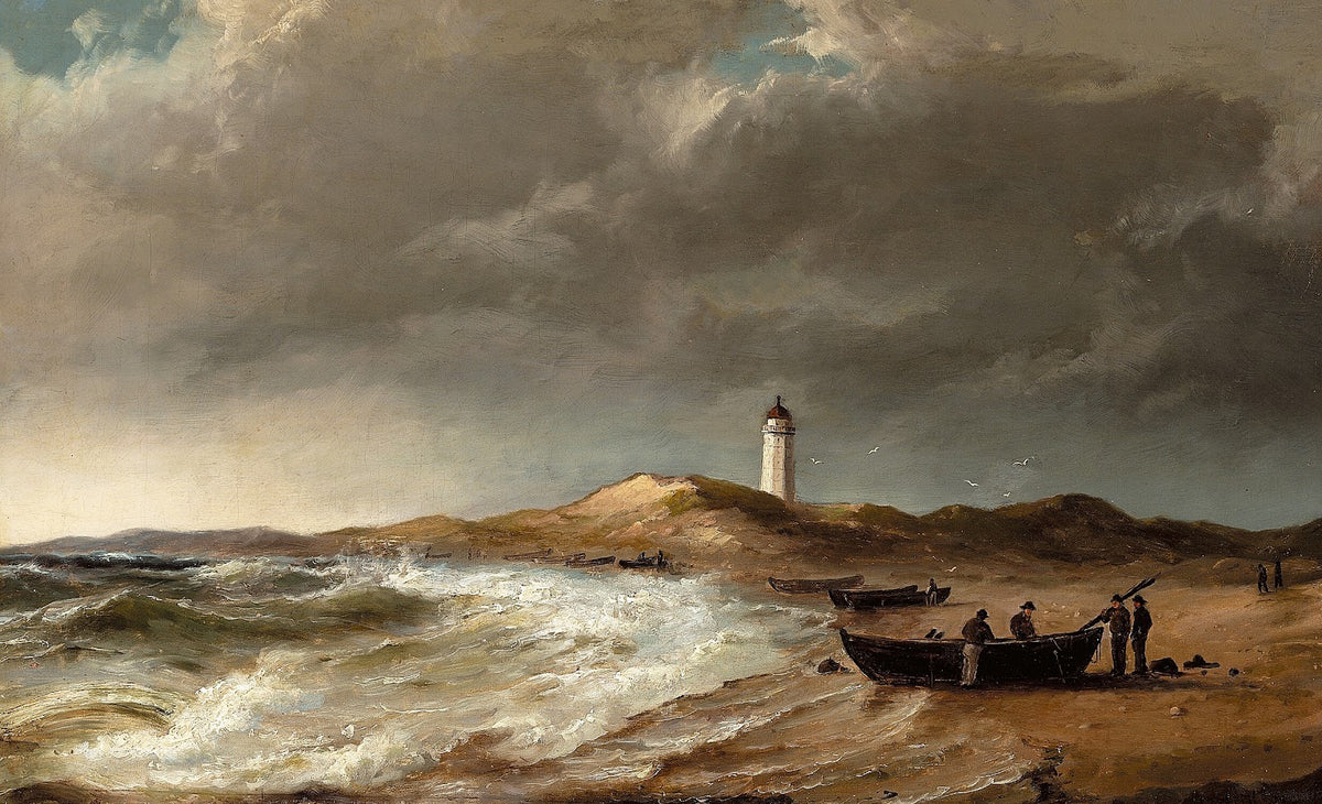 Fiskere ved deres både på stranden nær Skagen fyr