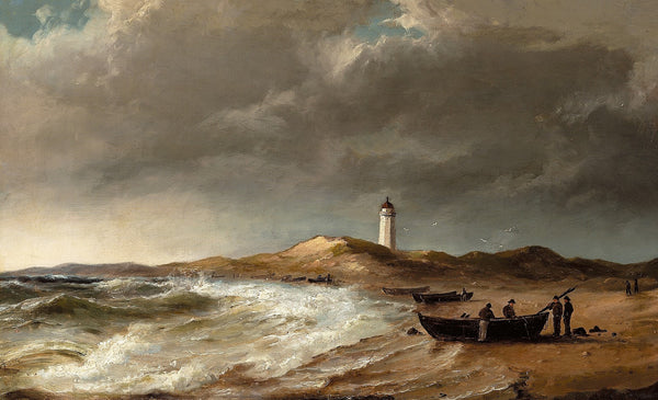 Fiskere ved deres både på stranden nær Skagen fyr
