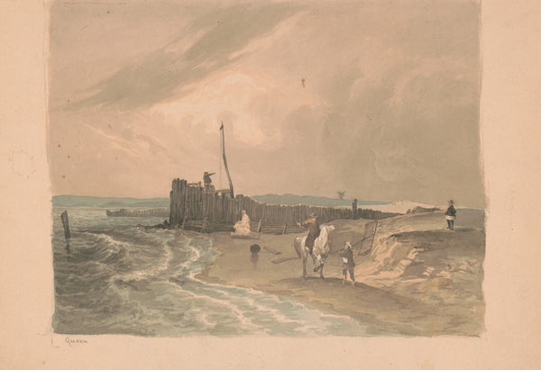 Man on horseback talking with a man carrying an oystering shovel on the shore of