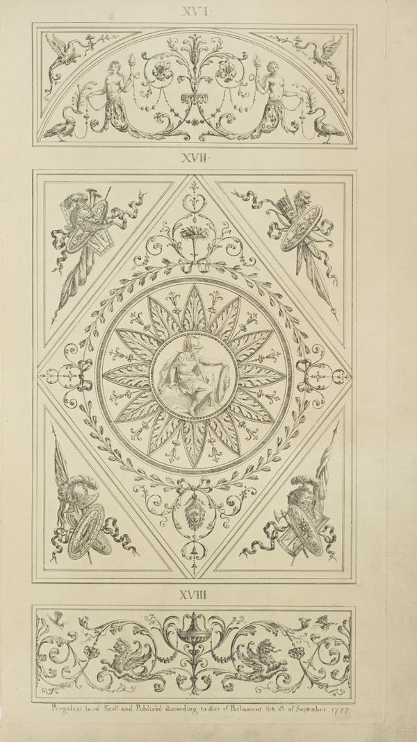 Center design of twelve leafed floral shape with central design of classical sol