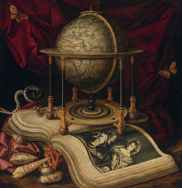 Vanitas Still Life With A Terrestrial Globe A Book Shells A SnakeAnd Butterflies