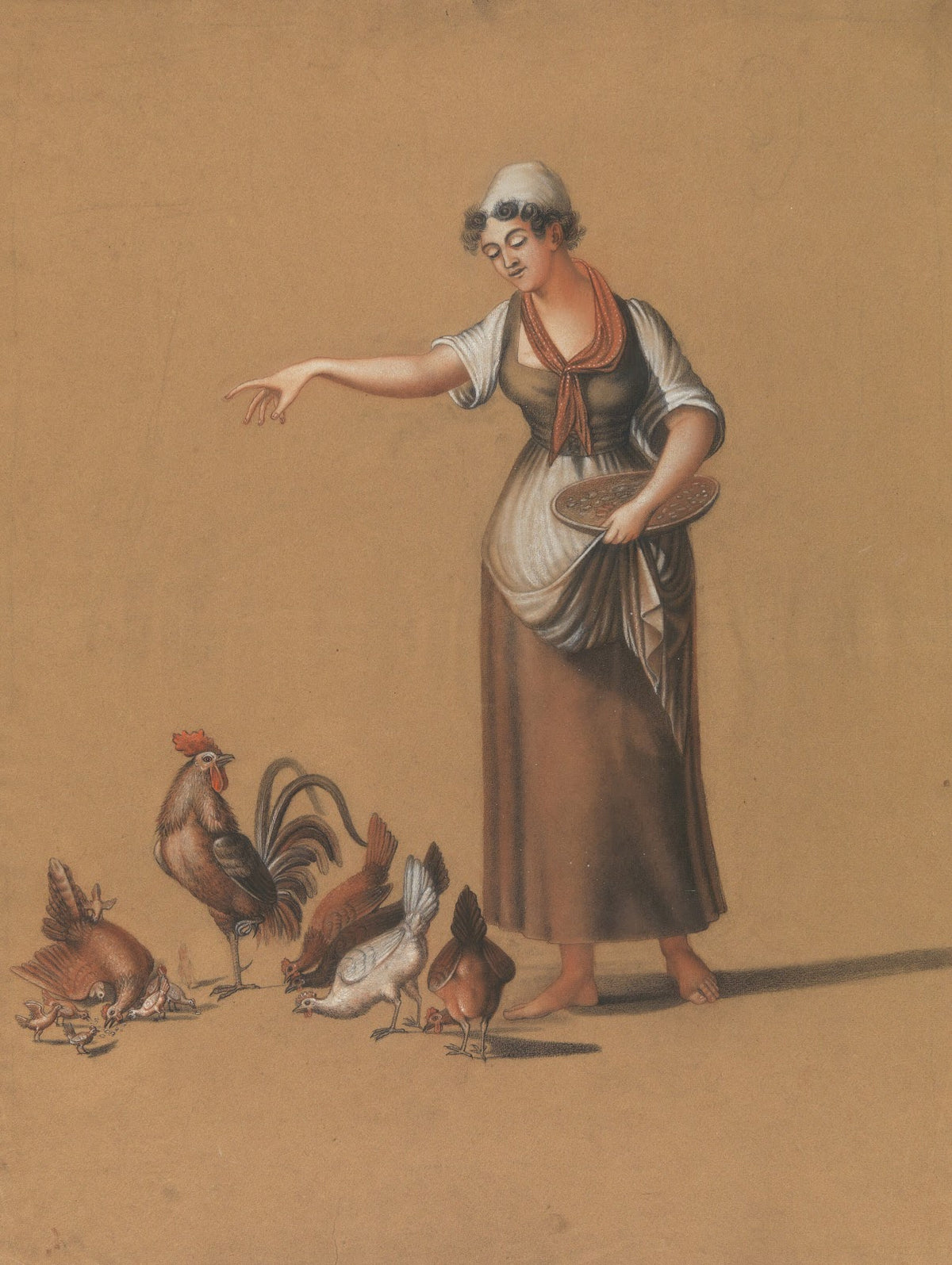 Woman feeding chickens 1815