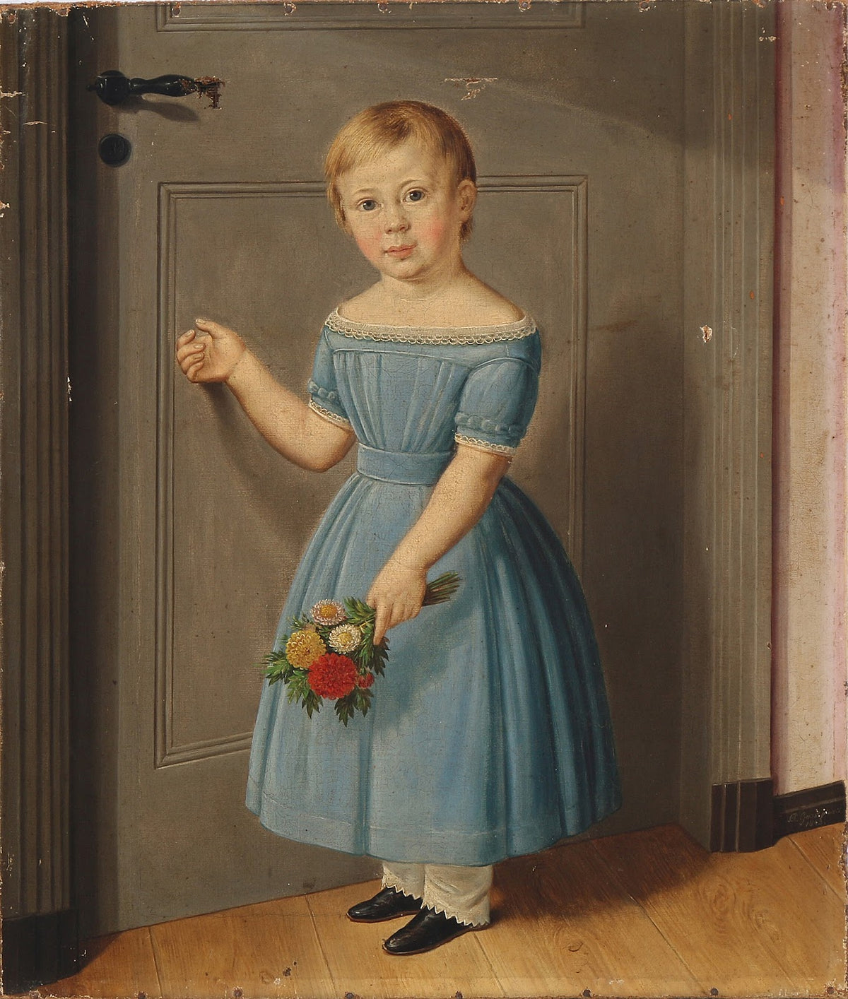 En pige banker på døren holdende en buket blomster i hånden 1843
