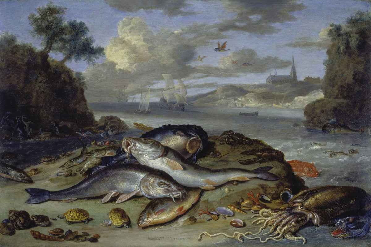 Still Life with Fish and Sea Animals in a Coastal Landscape 1661
