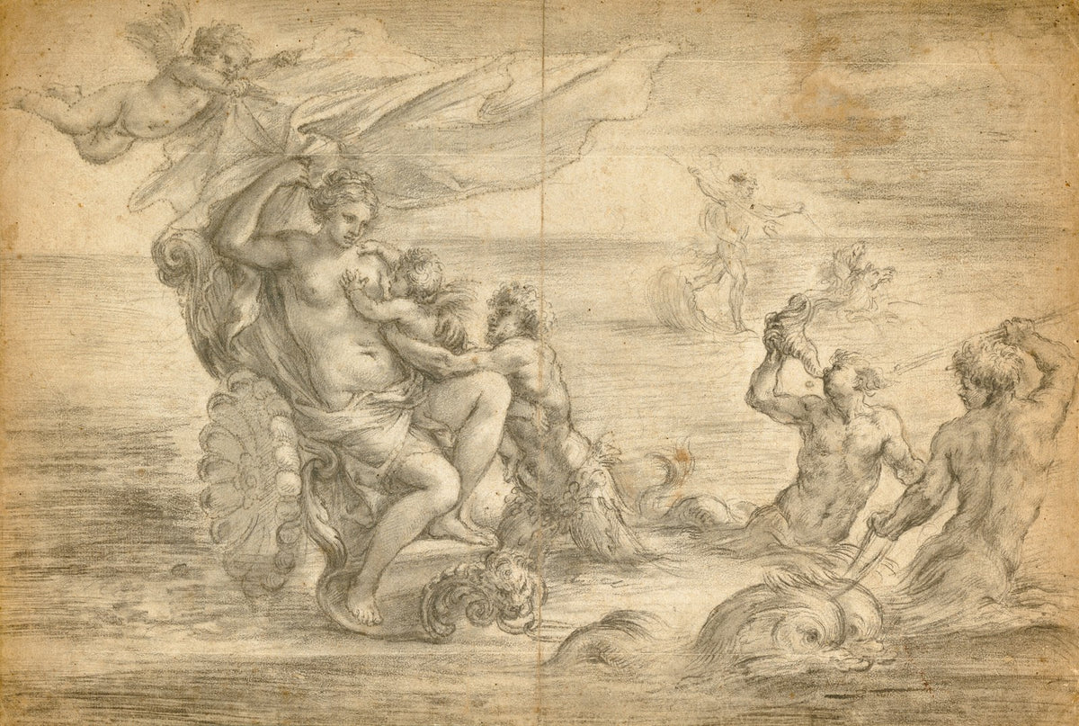 Venus Seated in Her Sea Chariot Suckling Cupid 1645