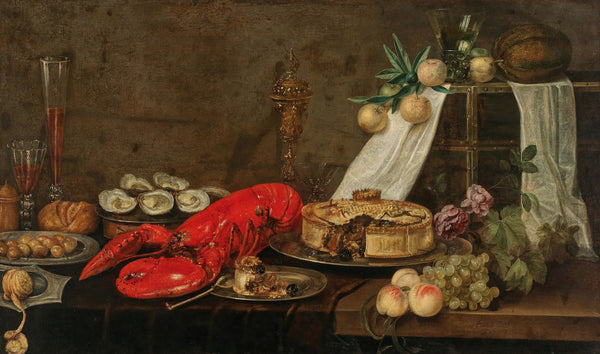 A lobster oysters pastry mixed fruit and filled wine glasses on a partially drap