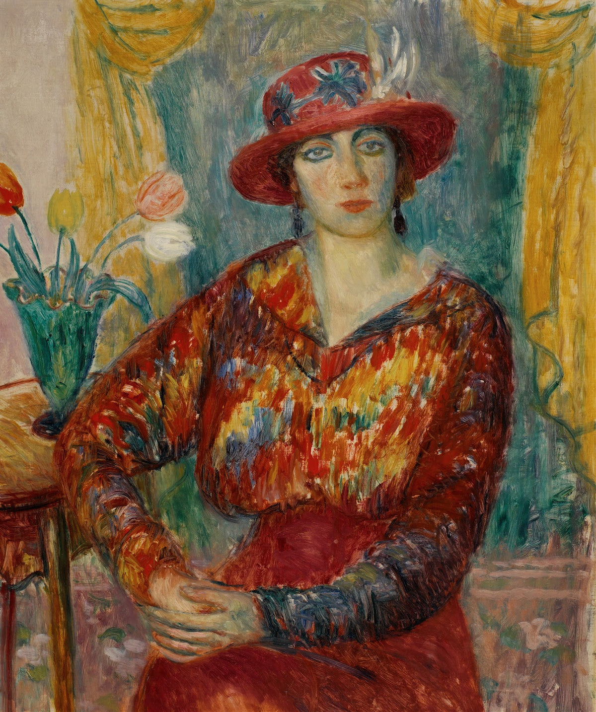 Woman in Red Blouse with Tulips c 19131914