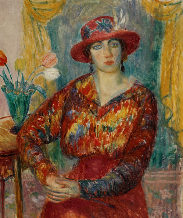 Woman in Red Blouse with Tulips c 19131914
