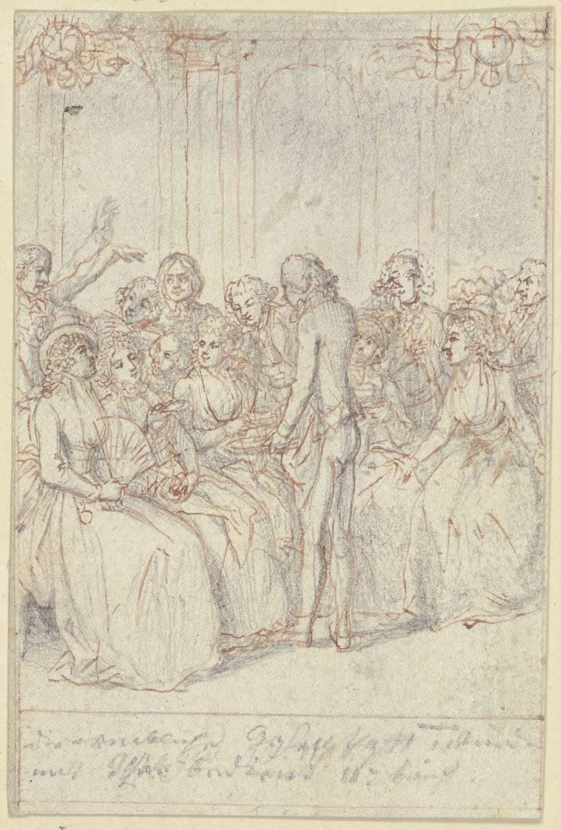 Eine Gruppe sitzender Damen einige halten Tassen in den Händen ca 1795