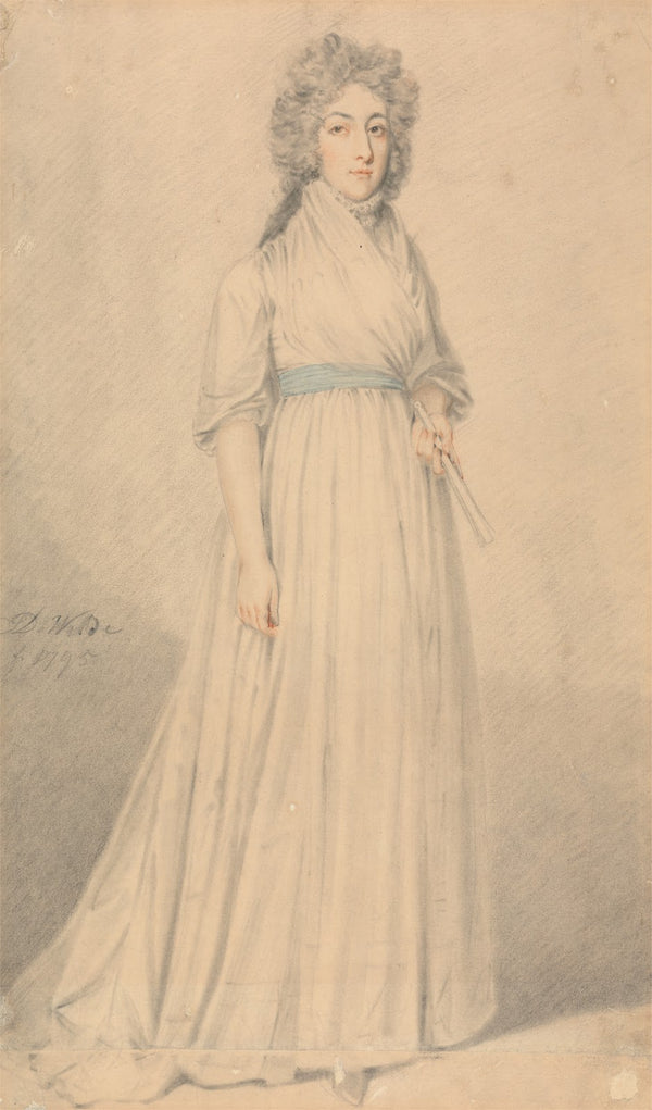 A Lady full length Wearing a Blue Sash and Holding a Fan 1795