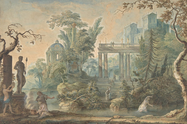 Arcadian Landscape with several Figures and a Statue of Apollo 18th century