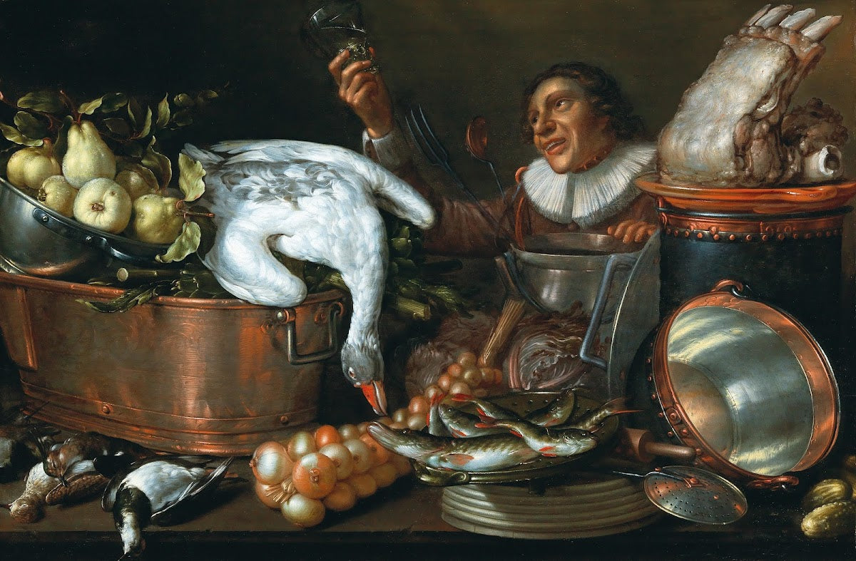 A kitchen interior with a drinker copper and tin vessels game and fruit