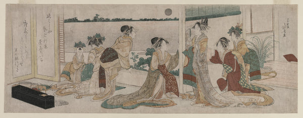Tsukasa and Other Courtesans of the Ogiya Watching the Autumn Moon Rise Over Ric
