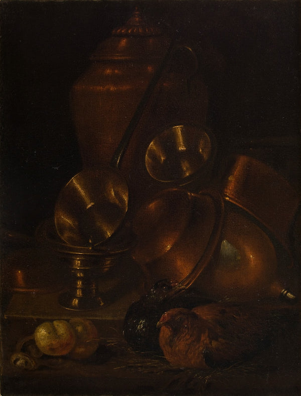 Still Life Hen with Brass and Copper Vessels