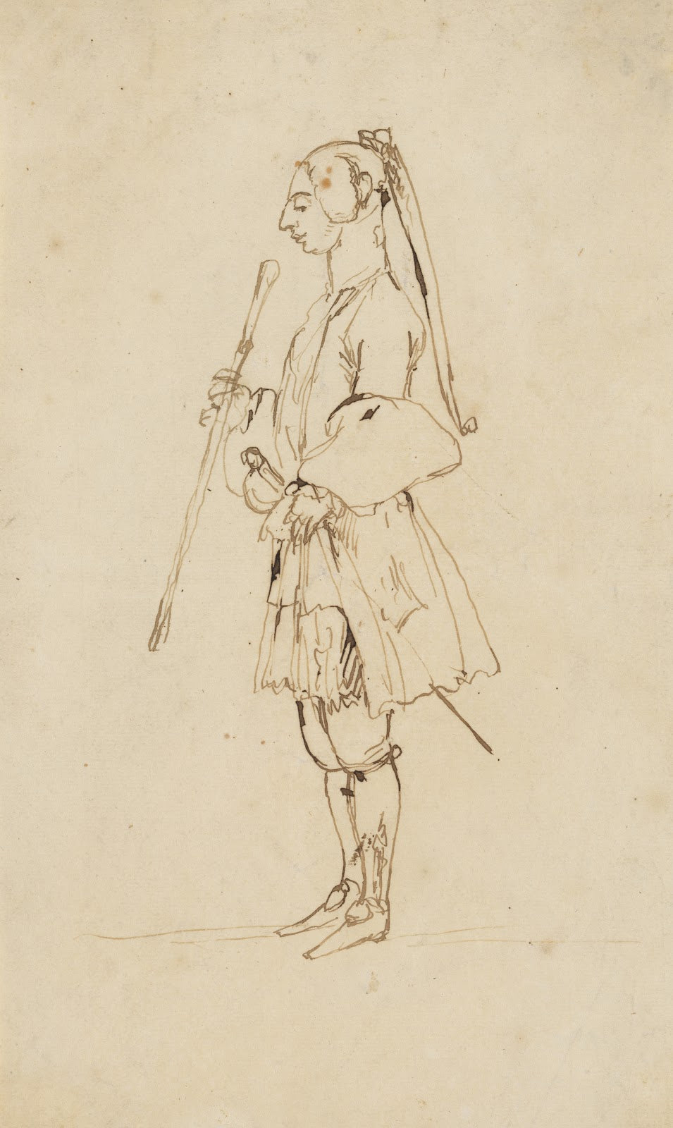 Man with a Long Pigtail and a Stick Standing in Profile to the Left earlymid 18t