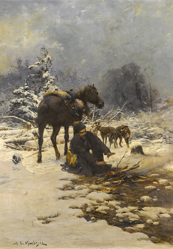 A hunter in the snow warming his hands by a fire
