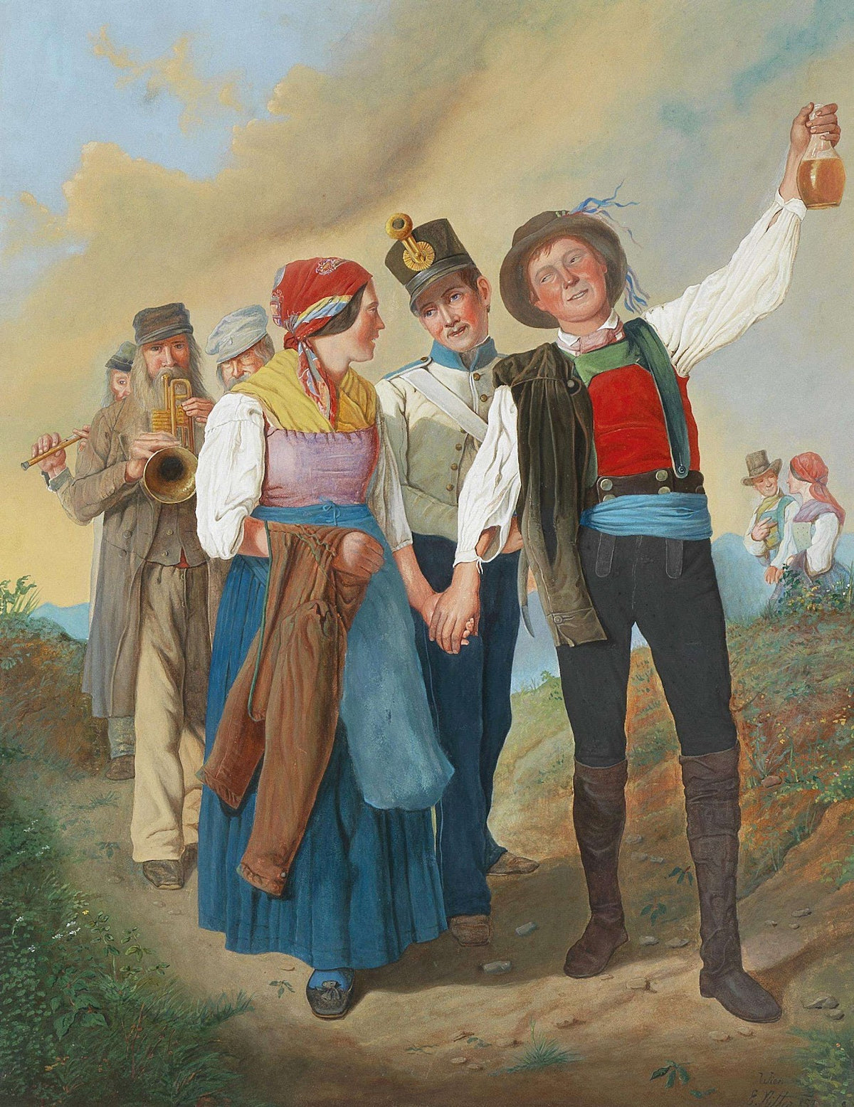 A festive procession with peasants brass music and soldiers