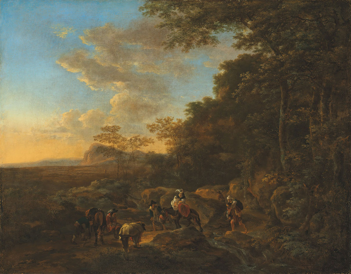 A wooded landscape with travellers crossing a ford