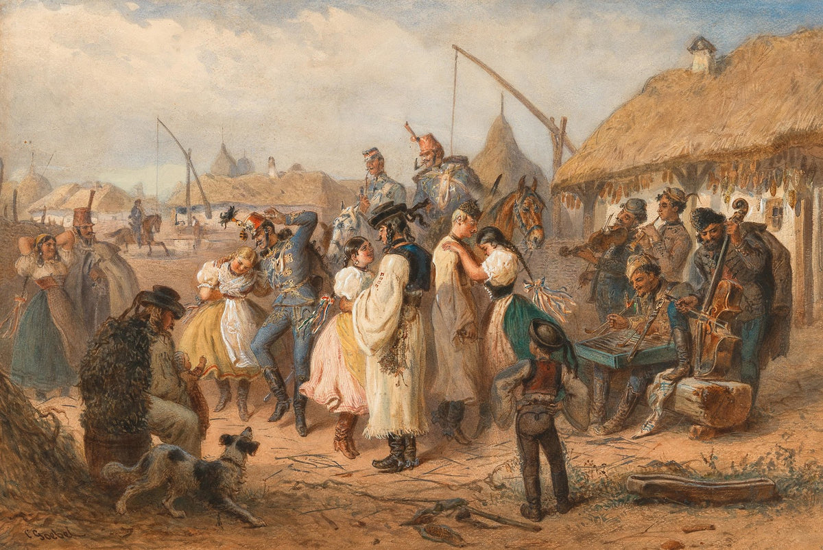 In the Hungarian Pustza soldiers and girls dancing