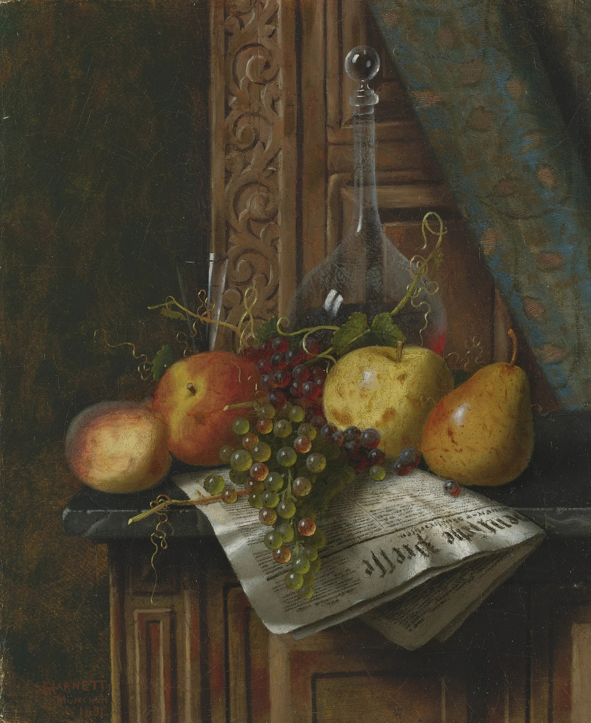 Still Life with Munich Newspaper Fruit and Decanter 1881