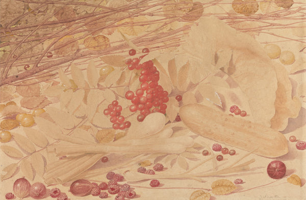 Still Life with Gooseberries Raspberries Red Currants Spring Onions a Gherkin an