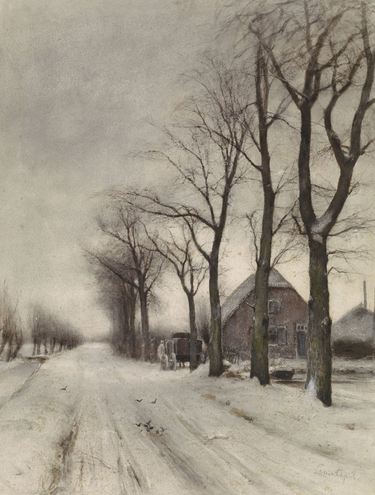 Winterlandschap met boerderij aan een laan 1860 1936
