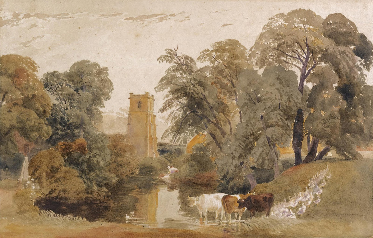 Landscape withcattle geese aladywashing clothes beside a river and achurch tower