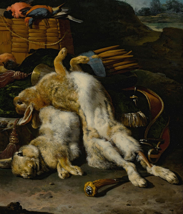ABrace Of Rabbits And Small Birds With Hunting Equipment In A Landscape