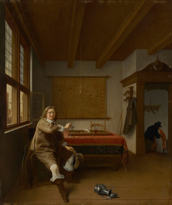 A man holding an overturned wine glass in an interior with two servants kissing