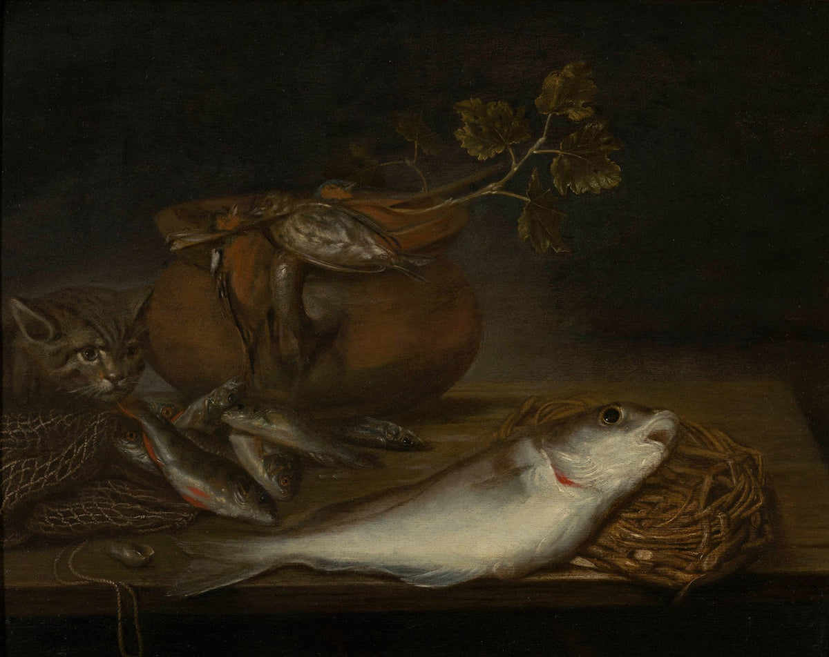 Stilleven met vissen vogels en een kat