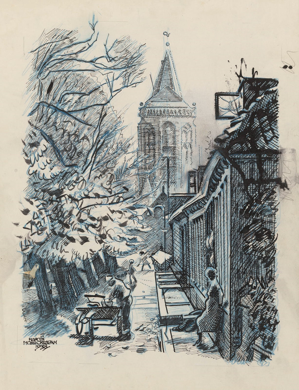 Straatje met gezicht op de St Nicolaaskerk te Monnickendam 1938
