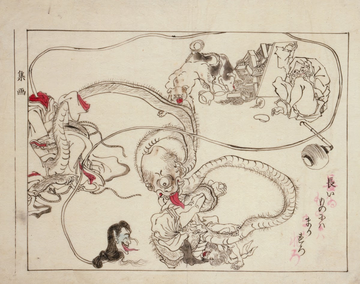 Two long necked creatures accosting a noodle shop customer 1863