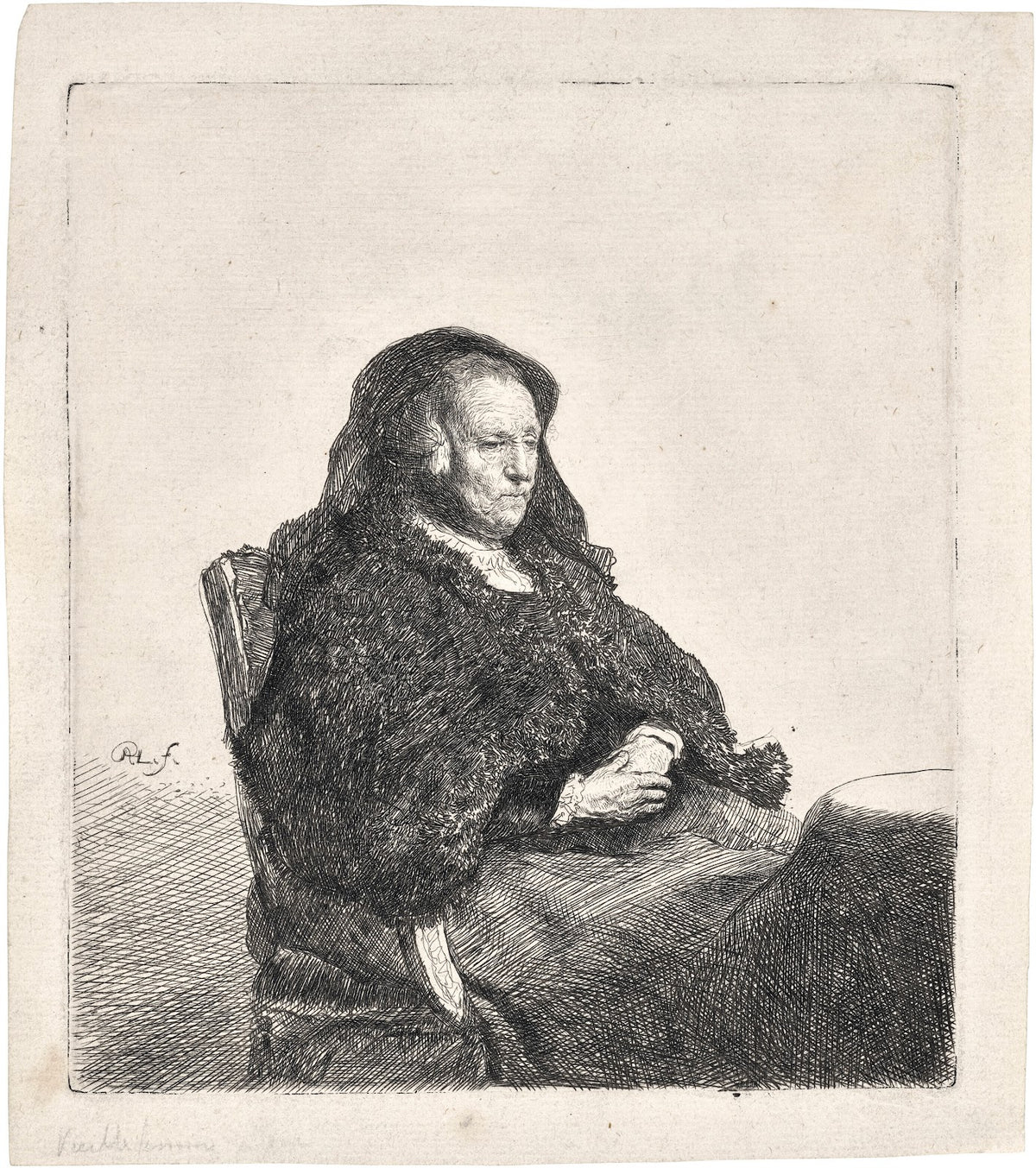 The Artists Mother seated at a Table looking right circa 1631