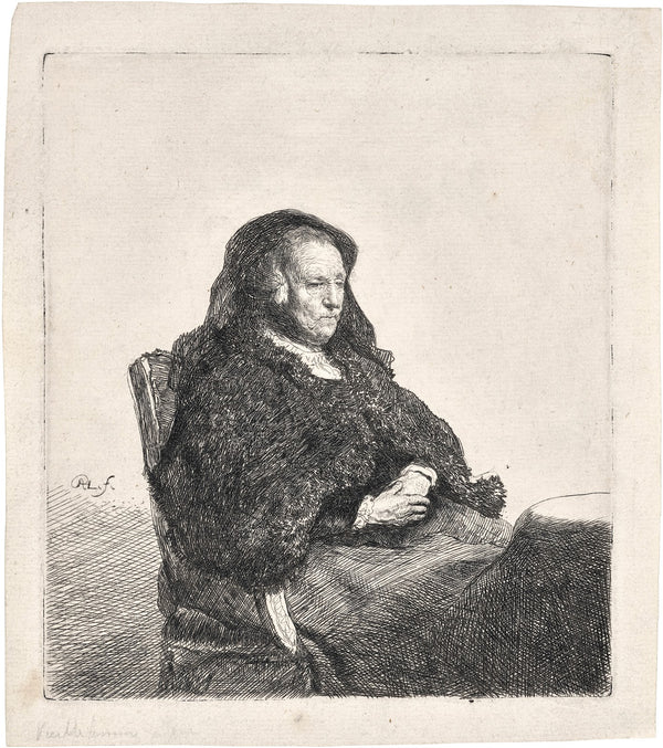 The Artists Mother seated at a Table looking right circa 1631