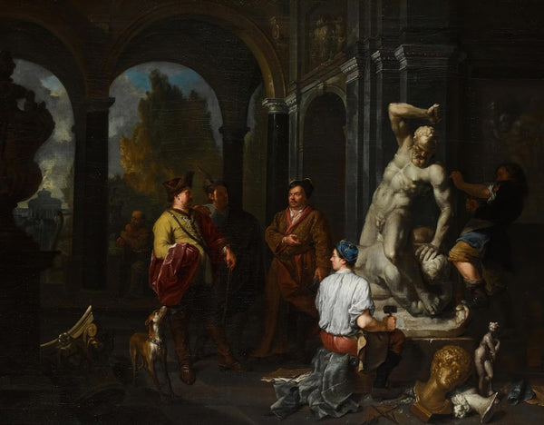 Elegant Figures Overseeing Sculptors Working On A Statue Of Hercules And Anateus