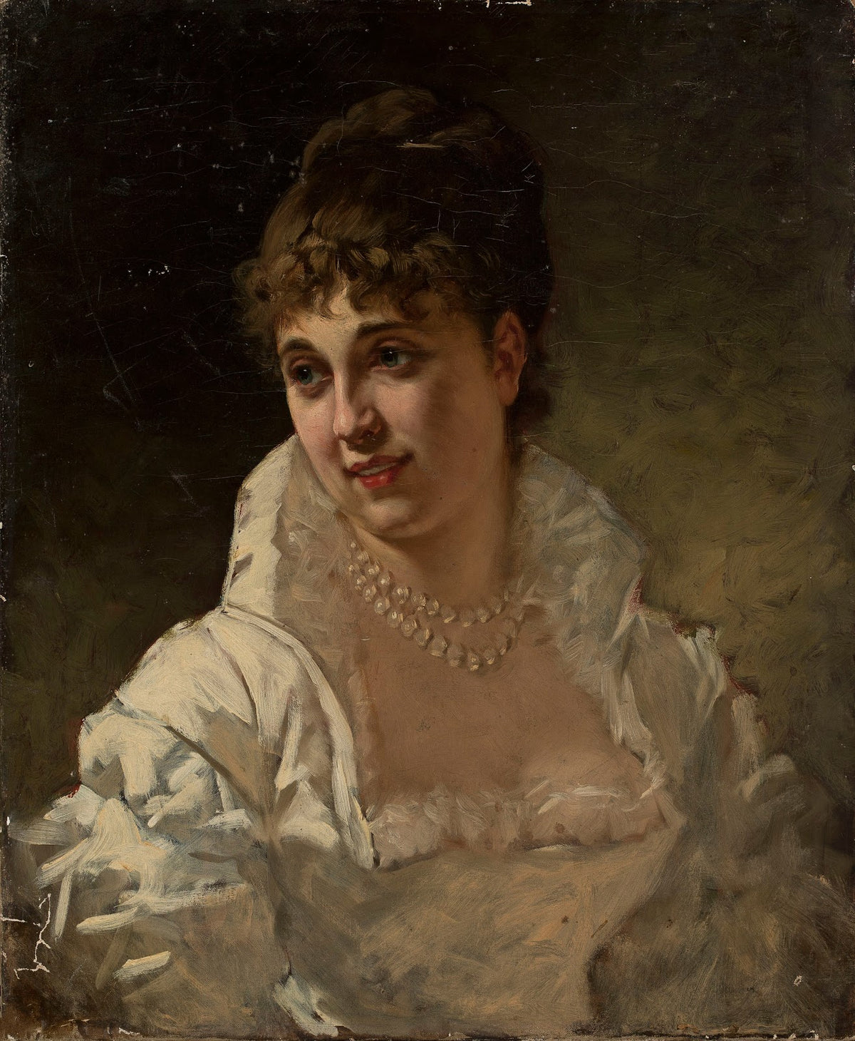 Portrait of a woman in a white dress with pearls