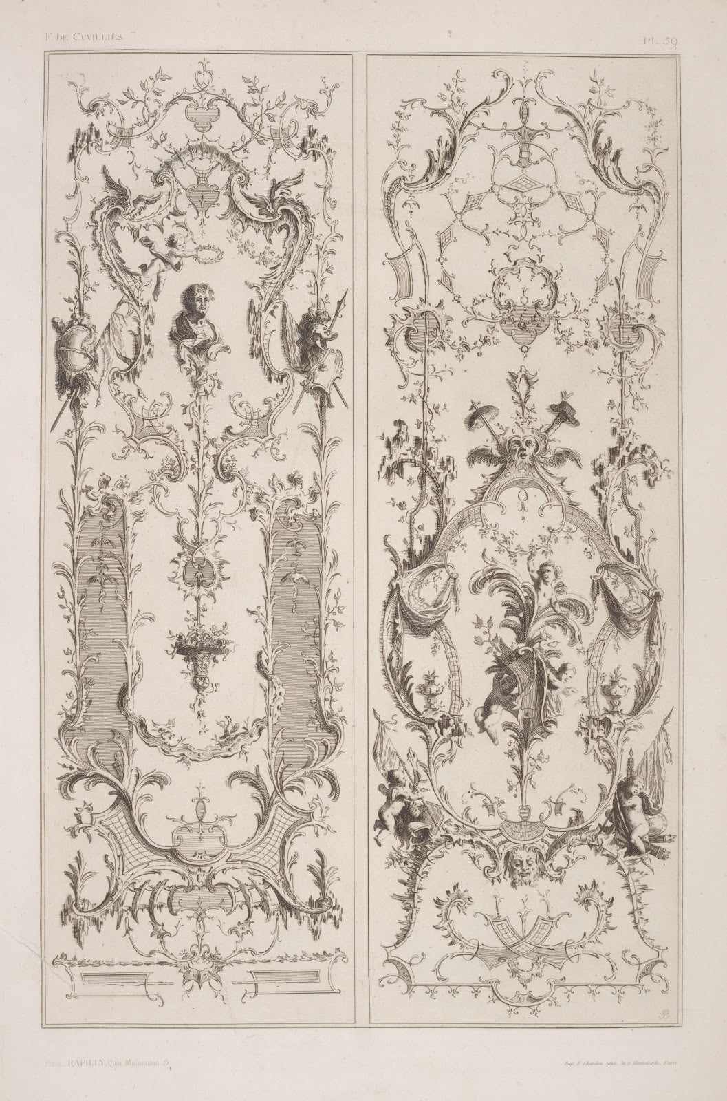 Two vertical designs featuring cherub crowning a bust portrait with wreath 1875