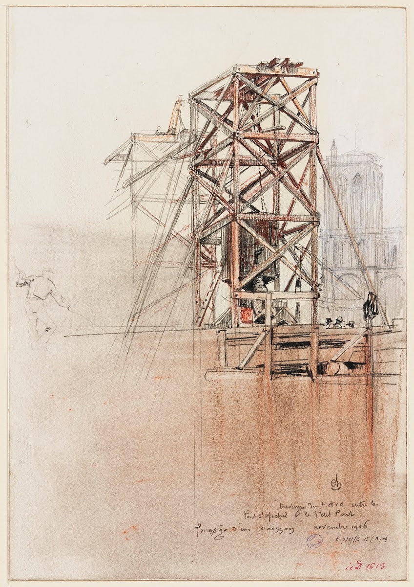 Travaux du métro entre le pont Saint Michel et le Petit Pont 1906 fonçage dun ca