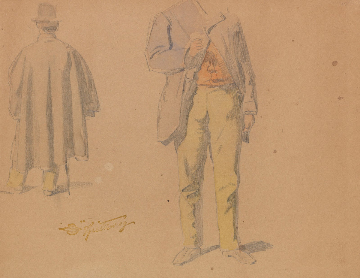 Studienblatt mit stehendem Mann von vorn und hinten Mantelstudie 1855 1860