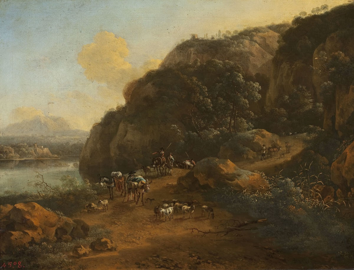 Mountain landscape with travellers 1677