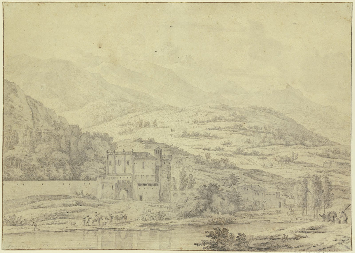 Italienische Gebirgslandschaft mit schloßartigem Gebäude