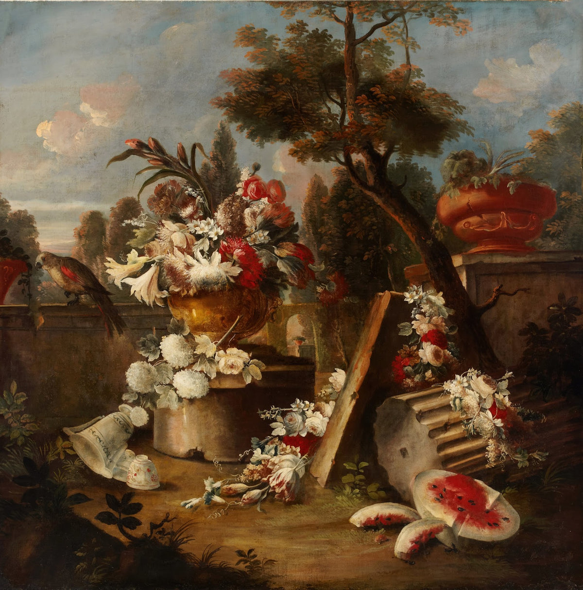 Sumptuous Floral and Fruit Still Life in an Extensive Landscape 18th Century