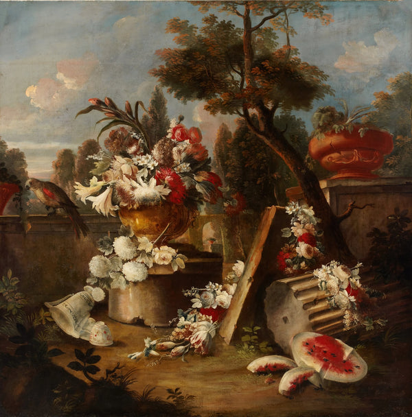 Sumptuous Floral and Fruit Still Life in an Extensive Landscape 18th Century