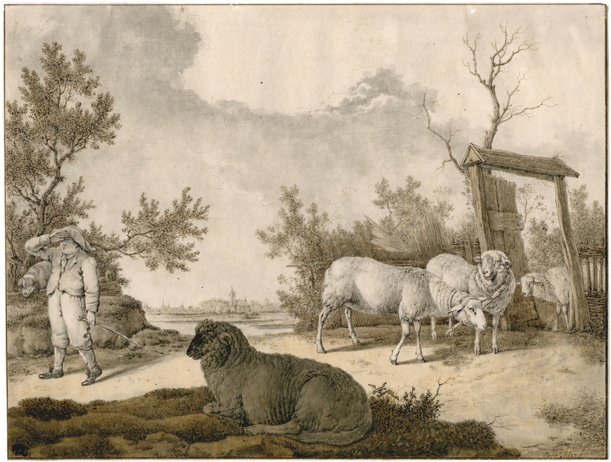 Herder met schapen bij omheining