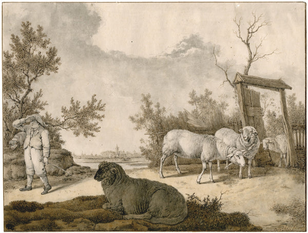 Herder met schapen bij omheining
