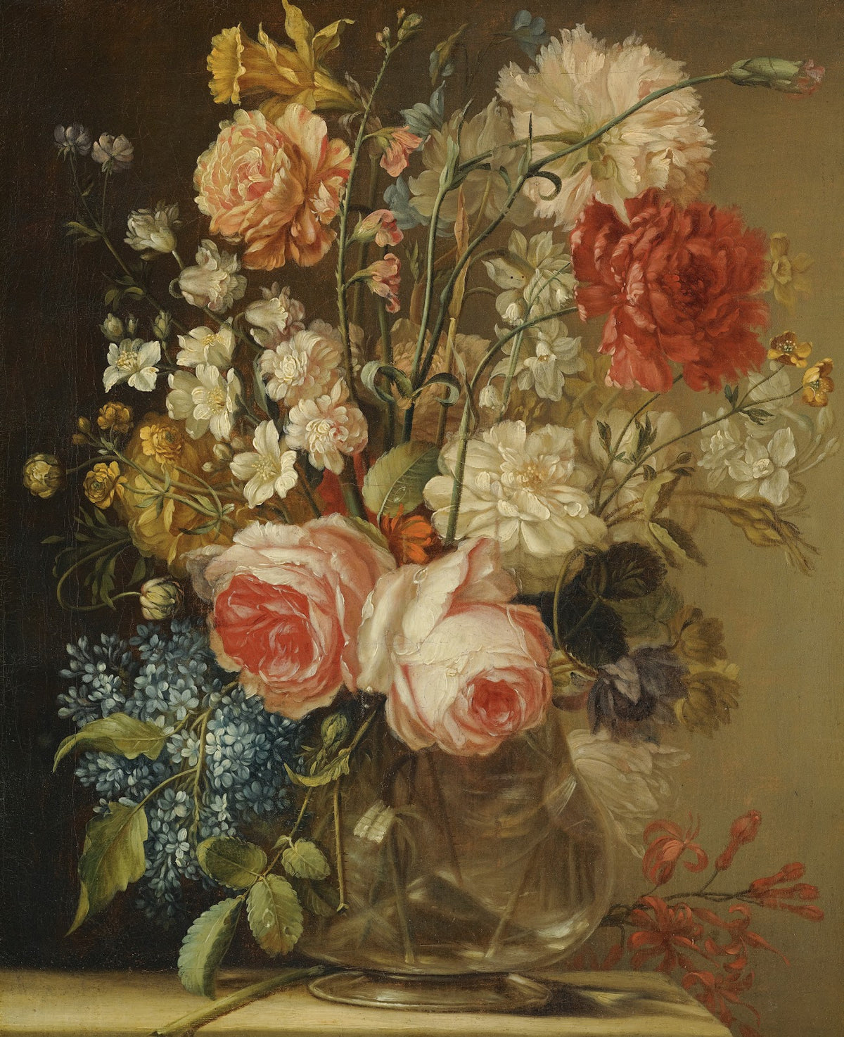 A Still Life With Roses A Daffodil And Other Flowers In A Glass Vase On A Stone