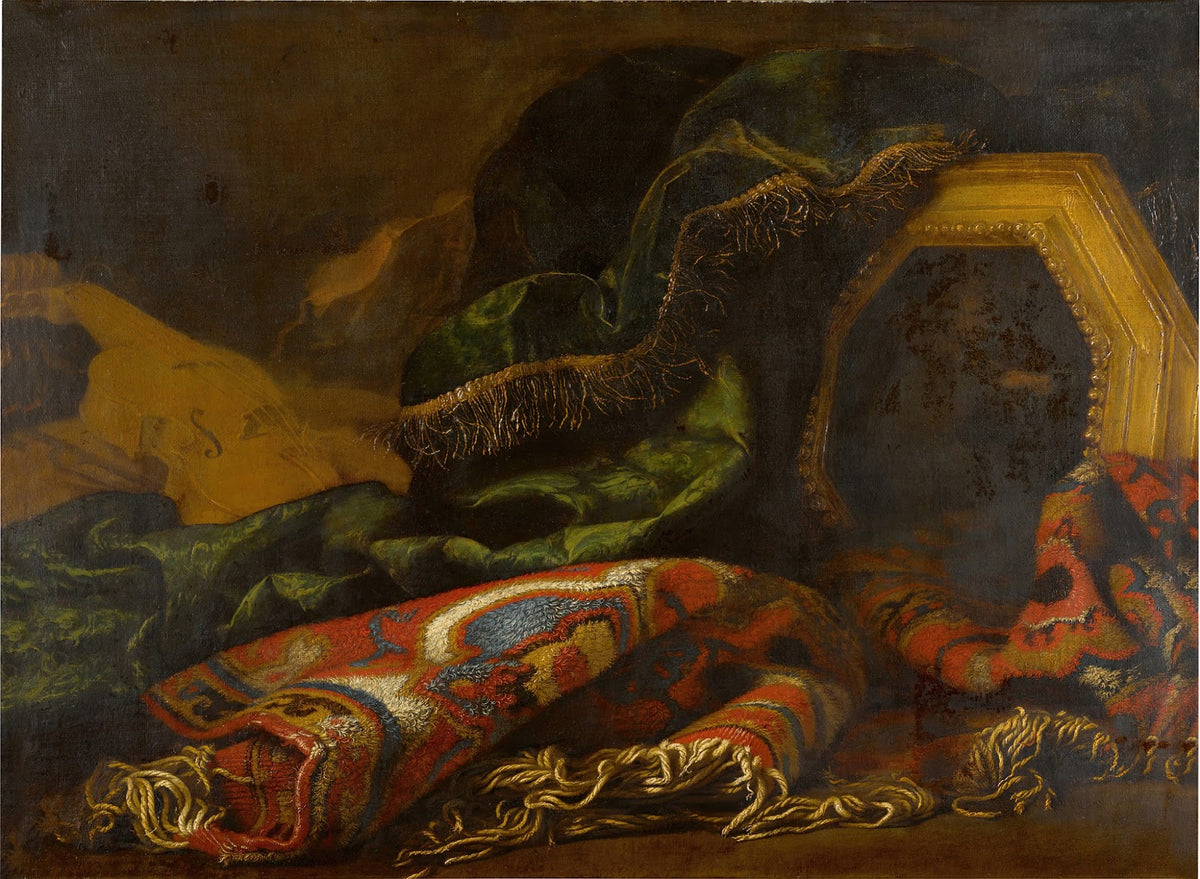 Still life with carpets a painting of a putto and a violin