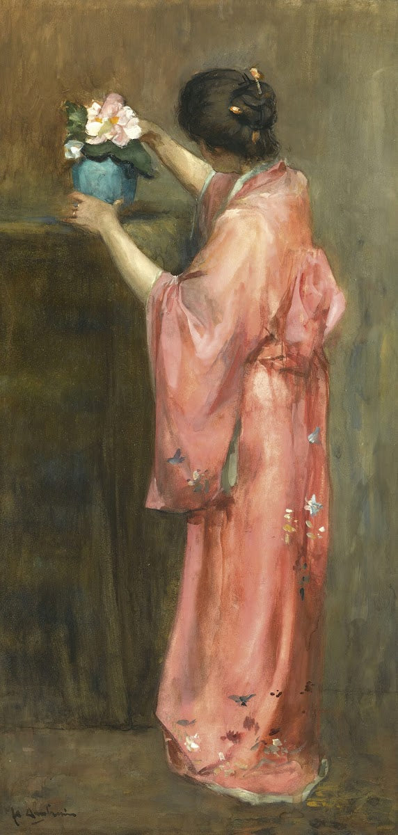 A Girl In Kimono Arranging Flowers